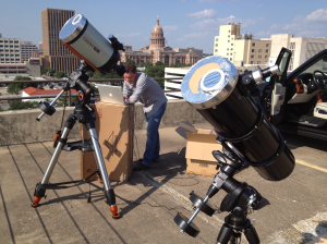 This is a photo of a friend of mine w/our Telescopes. We've got our scopes pointed at the sun, and are using Mylar filters to take pictures of the transit of Venus.